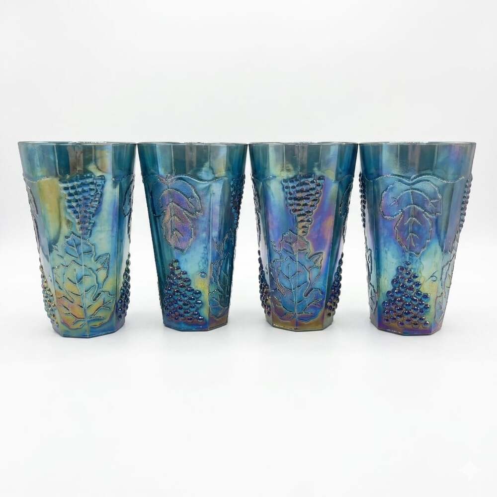 Vintage Indiana Glass Blue Iridescent Harvest Grape Tumblers Set of 4